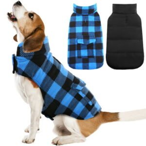 Kuoser British Style Plaid Dog Winter Coat, Windproof Cozy Cold Weather Dog Coat Dog Apparel Dog Jacket Dog Vest for Small Medium and Large Dogs with Pocket & Leash Hook XS-3XL