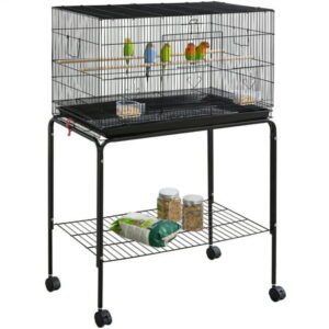 SmileMart 47″ Metal Bird Cage with Slide-Out Tray and Rolling Stand, Black