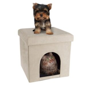 Pet House Ottoman – Collapsible Multipurpose Small Dog or Cat Bed Cube and Footrest with Cushion Top and Interior Pillow by PETMAKER (Microsuede Tan)