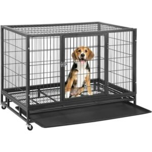 BestPet 48 inch Heavy Duty Dog Cage Large Dog Crate Strong Metal Dog Kennels with Double Doors,Lockable Wheels, Indoor Outdoor Dog Crates for Medium and Large Dogs with Removable Tray