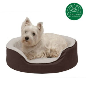 FurHaven | Orthopedic Faux Sheepskin & Suede Oval Pet Bed for Dogs & Cats, Espresso, Medium