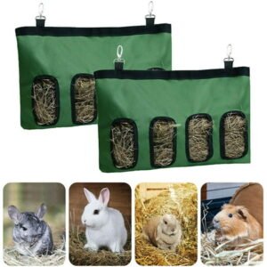 SSAWcasa 2PCS Rabbit Hay Feeder Bag,Hanging Guinea Pig Bunny Hay Bag with 4 Holes,Hanging Sack for Small Animals Feeding Supply (Green)