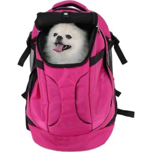 Dog Carrier Backpack Pet Puppy Cat Travel Bag Sport Sack with Ventilated Breathable Mesh Head-Out Safety Straps Buckle Support, Soft Lambswool Bottom for Travel Hiking Walking Outdoor Driving, MAGENTA