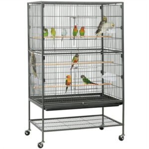 SmileMart 52″ Large Metal Rolling Bird Cage Parrot with Perches Feeders Storage Shelf for Lovebird Cockatoo Conure,Black