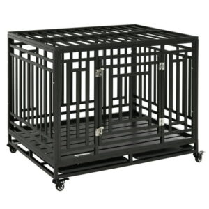 PawHut Heavy Duty Steel Dog Crate Kennel with Wheels and 1 Access Door, Black