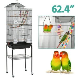 SmileMart 62.5″ Rolling Mid-Size Bird Cage with Perches, Black