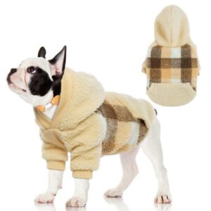 ROZKITCH Thick Dog Winter Clothes Dog Hoodie Pullover Jacket Plaid Grid Pattern Beige Thermal Coat Pet Apparel for Puppy Small Medium Dogs