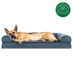 FurHaven Pet Products | Memory Foam Faux Fleece & Chenille Couch Sofa-Style Pet Bed for Dogs & Cats, Orion Blue, Jumbo