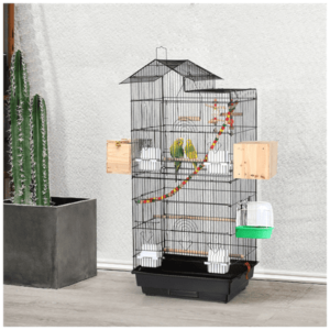 POEOO 39″ Metal Bird Cage with Perches and Toys, Black