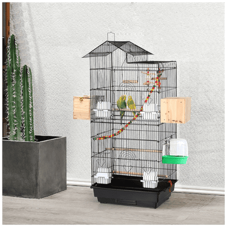 ZHOU 39″ Metal Bird Cage with Perches and Toys, Black