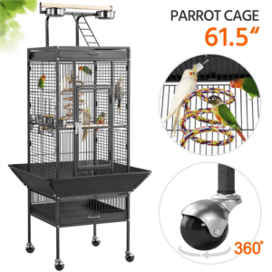 SMILE MART 61.5″ Rolling Metal Bird Cage with Play Top, Black