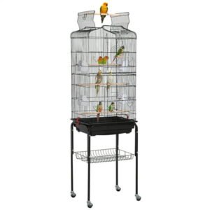 SMILE MART 64″ Open Top Metal Bird Cage with Detachable Rolling Stand, Black