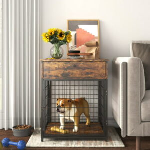 JINS&VICO Furniture Style Dog Crate End Table with Storage Drawer,Wood Pet Side Table Bed Nightstand,Indoor Use Chew-Proof Dog House for Small Dogs,Rustic Brown