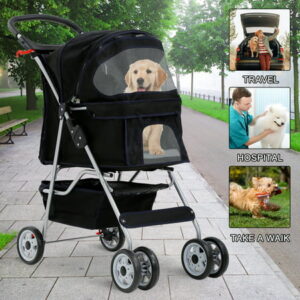 4 Wheels Pet Stroller Foldable Dog Stroller Cat Stroller with Storage Basket & Removable Liner, Travel Lite Foldable Carrier Strolling Cart for Dogs Cats, Black