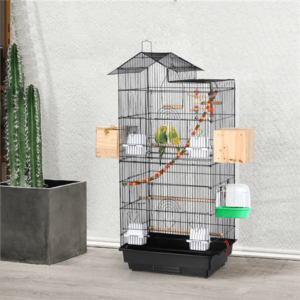 Keido 39″ Metal Bird Cage with Perches and Toys, Black