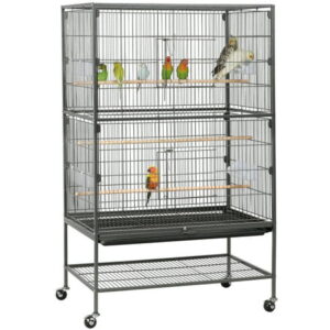 SmileMart Metal 52″ Large Rolling Bird Cage with 3 Perches, 4 Feeders, and Extra Storage Shelf, Black