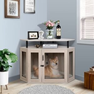 Kfvigoho Corner Dog Crate with Cushion, Dog House, Dog Crate Indoor Use, Modern Dog Kennel with Wooden and Wire Mesh, Large Pet House with Multiple Function Perfect for Limited Room, Apartment