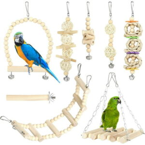 Naler 8Pcs Bird Toys for Parakeets, Parrot Swing Chewing Hanging Standing Wooden Toys Bird Cage Accessories for Parrots Cockatiels Conures Budgies