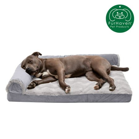 FurHaven | Deluxe Orthopedic Wave Fur & Velvet L-Chaise Lounge Pet Bed for Dogs & Cats, Granite Gray, Large