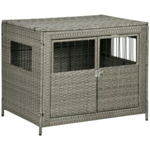 PawHut Rattan Dog Crate with Double Doors, Wicker Dog Cage with Large Entrance and Soft Washable Cushion, Dog Kennel Furniture for Medium to Large Sized Dogs, Grey