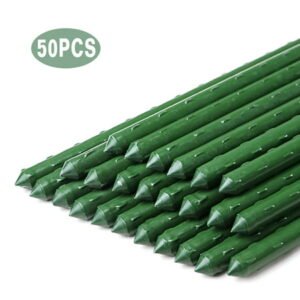 Sekkvy 50 Pack 48″ Garden Stakes Sturdy Green Plastic Coated Steel Plant Sticks Support for Securing Trees Climbing Plants