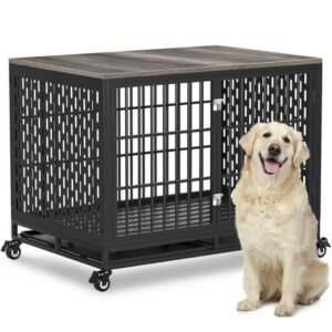 42″ Heavy Duty Dog Crate for Large Medium Dogs, Furniture Style Cage with Trays and Wheels, Gray