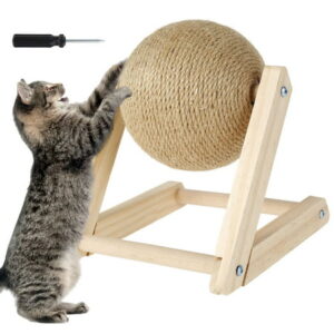 Cat Scratching Ball Natural Sisal Cat Scratcher Toy with Catnip Interactive Solid Wood Scratcher Ball 7x7x6.3 Inch Cat Scratch Post with Rotatable Ball for Indoor Cats and Kitten