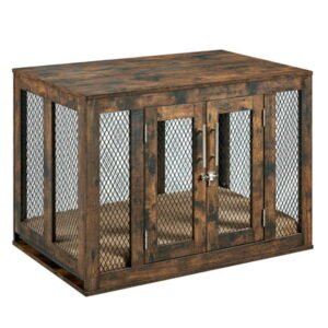 Unipaws Dog Crate with Cushion and Tray, Wooden and Metal Dog Kennels with Double Doors, Medium Crate Indoor Use