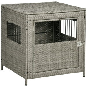 PawHut Rattan Dog Crate, Wicker Dog Cage with Lockable Door and Soft Washable Cushion, Dog Kennel Furniture for Small Sized Dogs, Grey