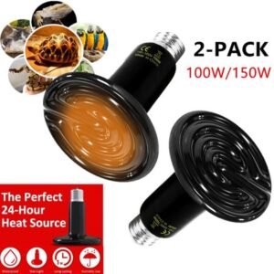 100W/150W 2-Pack Ceramic Heat Lamp, Infrared Reptile Heat Emitter Heater Lamp Bulb for Pet Brooder Coop Chicken Lizard Turtle Snake Aquarium, No Light No Harm