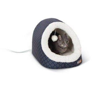 K&H Pet Products Thermo-Pet Cave Cat Bed Heated Navy/Geo Flower 17 X 15 X 13 Inches