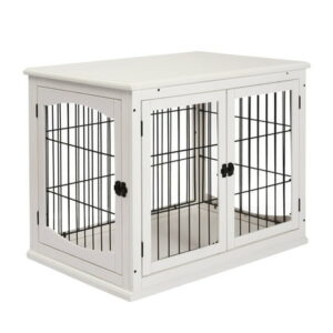 Pawhut 26” Wooden Dog Cage Pet Crate Tabletop Metal Wire Small Animal, White