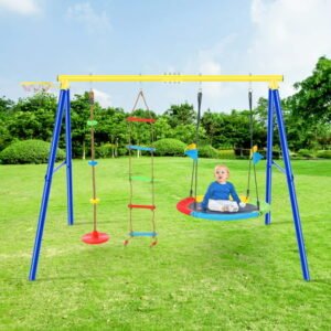 Lakecy 4 in 1 Outdoor Toddler Saucer Swing Set for Backyard, Playground Tree Swing Sets with Steel Frames, Climbing Rope with Disc Tree Swing Playset and Basketball Hoop for Kids