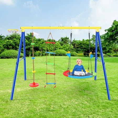 Lakecy 4 in 1 Outdoor Toddler Saucer Swing Set for Backyard, Playground Tree Swing Sets with Steel Frames, Climbing Rope with Disc Tree Swing Playset and Basketball Hoop for Kids
