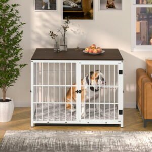 Bingopaw Triple Door Wooden Dog Crate Indoor, Medium, Removable Tray, 30.91″L x 22.24″W x 25.59″H