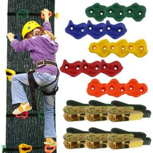 Bibana 15 Packs Ninja Tree Rock Climbing Holds Kits with 6 Ratchet Straps for Kids & Adults Outdoor Backyard Ninja Tree Warrior Obstacle Course Training