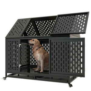 Heavy Duty Dog Crate Dog Cage, 43″ Indestructible Metal Dog Kennel Lockable for Medium Large Dogs with Sturdy Door Lock and Removable Trays, Roof Top Access