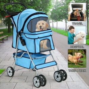 4 Wheels Pet Stroller Foldable Dog Stroller Cat Stroller with Cup Holders& Storage Basket for Small Medium Dogs, Blue