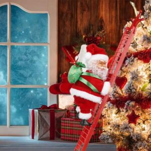 Aousthop Electric Climbing Santa Claus on Ladder, Creative Christmas Climbing Ladder Santa with Music, Santa Climbing Ladder Plush Doll Hanging Ornament for Xmas Party Wall Tree Decoration