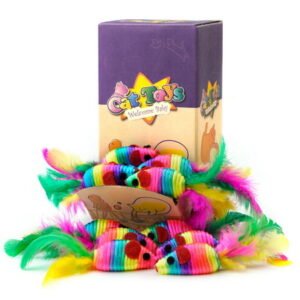 Chiwava Rattle Cat Toys Mice with Feather Rainbow Rope Mouse 24PCS 5″