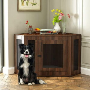 Dog Crates for Medium Dogs, Dog Crates Cage Kennel Furniture Indoor with Cushion & Lockable Doors, Wooden Corner Dog Crate for Small/Medium Dogs, Perfect for Limited Room (Walnut, Medium)