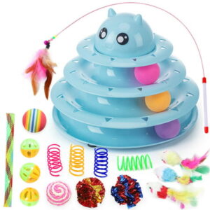 Suhaco 17 Pack Cat Toy Set Interactive Cat Toys Funny Roller Toy Exercise Pet 3 Level Tower Toy Tease Kitty with 3 Colorful Balls Kitten Puzzle Toys for Boredom Indoor Cats（Blue）