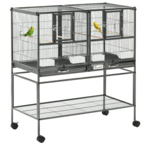 Pawhut Large Double Rolling Metal Bird Cage House with Removable Metal Tray, Storage Shelf, Wood Perch, Food Container