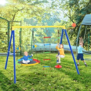 4 in 1 Outdoor Toddler Saucer Swing Set for Backyard, Playground Tree Swing Sets with Steel Frames, Climbing Rope with Disc Tree Swing Playset and Basketball Hoop for Kids