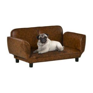 PawHut Pet Sofa Couch Foldable Dog Bed w/ Leather Cover Expandable to 52″, Brown
