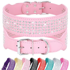 Didog Pet Rhinestones Dog Collars – 5 Rows Full Sparkly Crystal Diamonds Studded PU Leather – 2 Inch Wide -Beautiful Bling Pet Appearance for Medium & Large Dogs