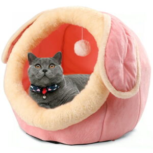 PinkSheep Cat Cave Bed, 15″ Plush Dog Cat Tent Bed House Indoor with Washable Cushion for Small Medium Cats Dogs Pink