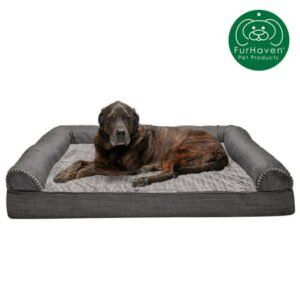 FurHaven Pet Products | Memory Foam Luxe Fur & Performance Linen Sofa-Style Couch Pet Bed for Dogs & Cats, Charcoal, Jumbo Plus