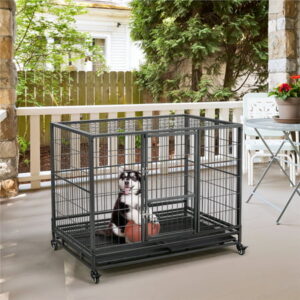 Yaheetech L43.5xW28.5xH35” Rolling Dog Crate Metal Dog Cage with Wheels & Litter Pans For Medium/Large Dogs, Black