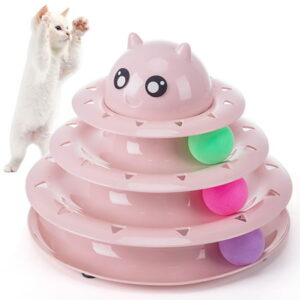 Suhaco Interactive Cat Toys Funny Roller Exercise Pet 3 Level Tower Toy Tease Kitty with 3 Colorful Balls Kitten Puzzle Toys for Boredom Indoor Cats (Pink)